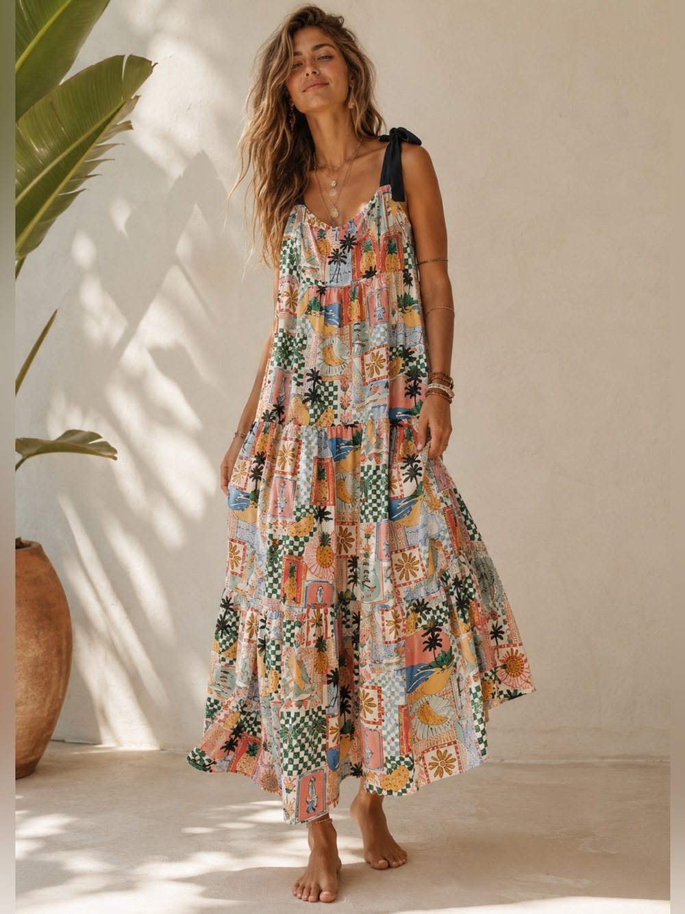 Skies Are Blue Citrus Sway Tropical Patchwork Tiered Maxi Dress - Size S  NWT
